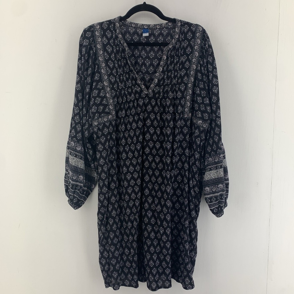Old Navy Womens Large Dark Moody Dress Pleated Boho Peasant Hippie Prairie Black